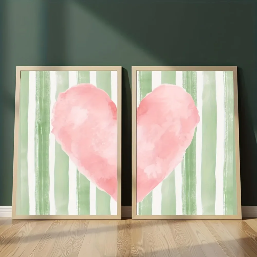 2pcs frameless Canvas Painting 2pcs Frameless,Pink Heart Poster,Green Striped Wall Decor,Abstract Heart Wall Art,Retro Red Heart