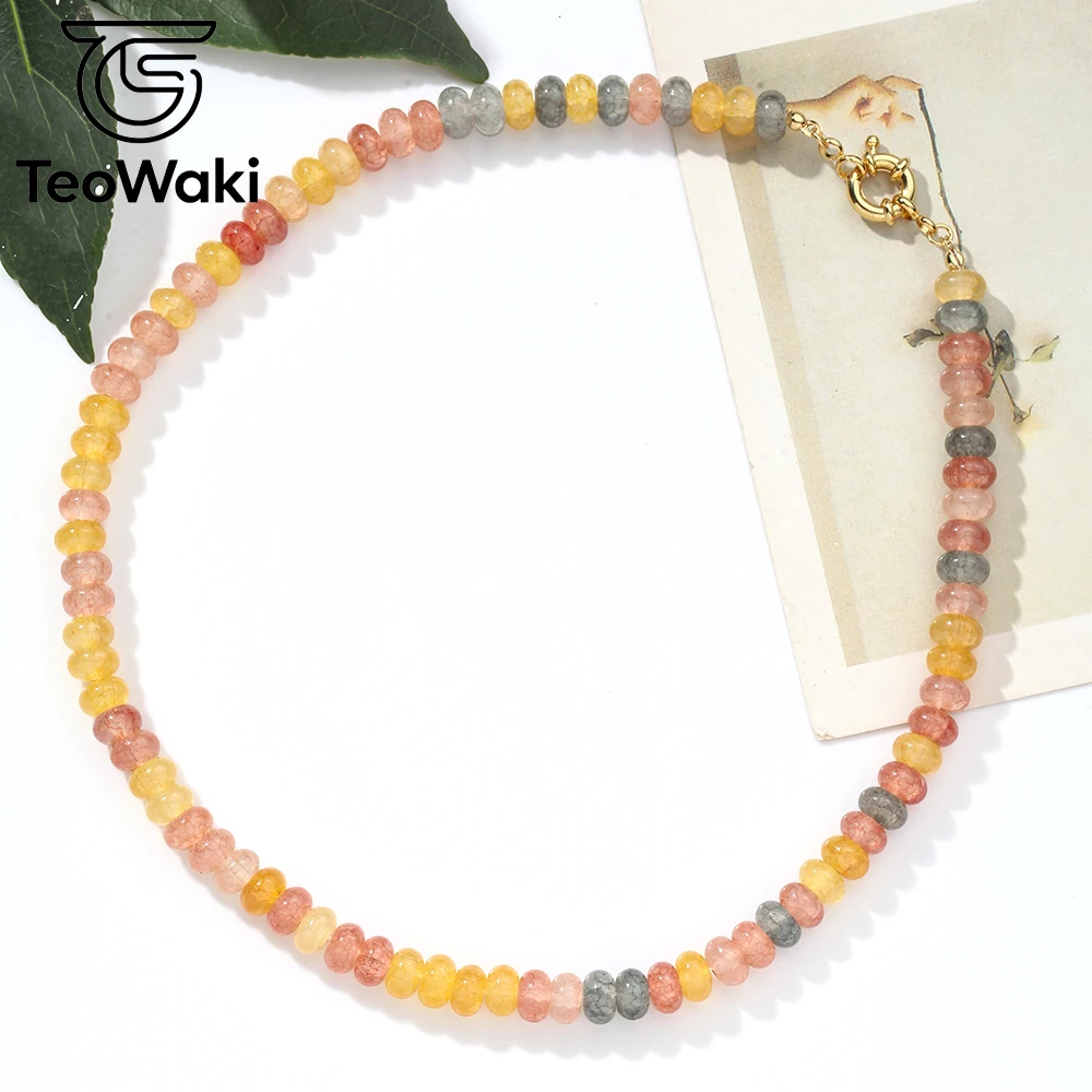 TeoWaki Natural Stone Dainty Yellow Multicolor Crackle Crystal Flat Beads Necklace Steering Wheel Collarbone Accessory Gift 40cm