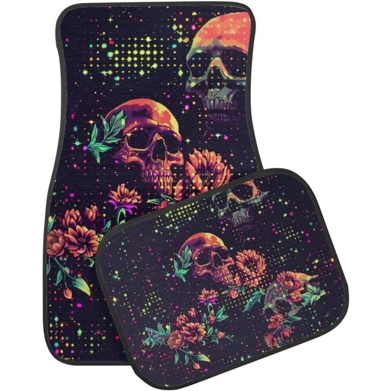 Pixel Floral Skulls Print 4PCS Crystal Velvet Car Floor Mats Universal Front & Rear Auto Foot Mats Multi‑Pixel Style Interior Pr