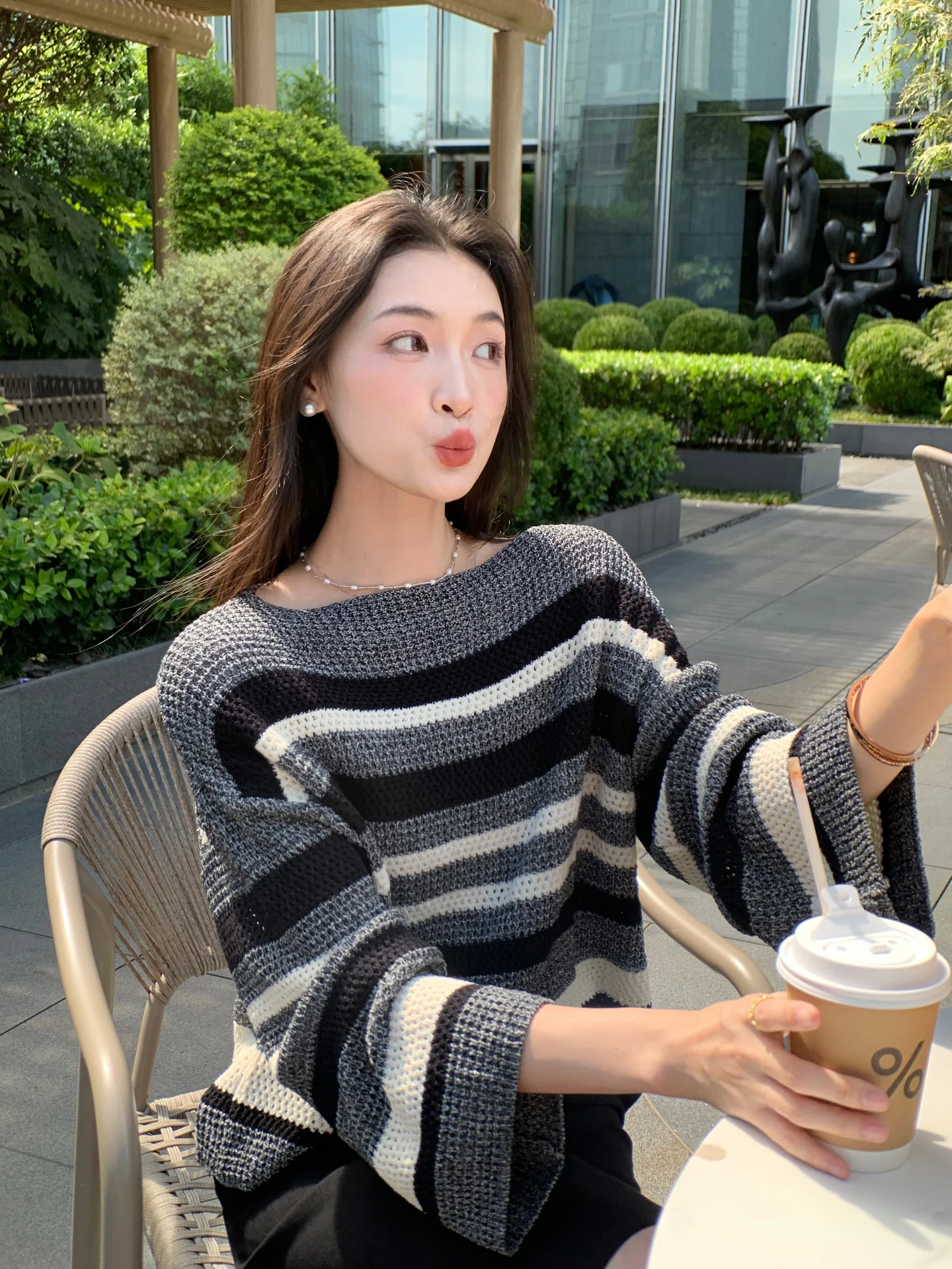 

Lazy Stripe Knitwear Loose Fit Slimming Versatile Top Early Autumn New Arrival Women's Cotton Long Sve Overhead Coat