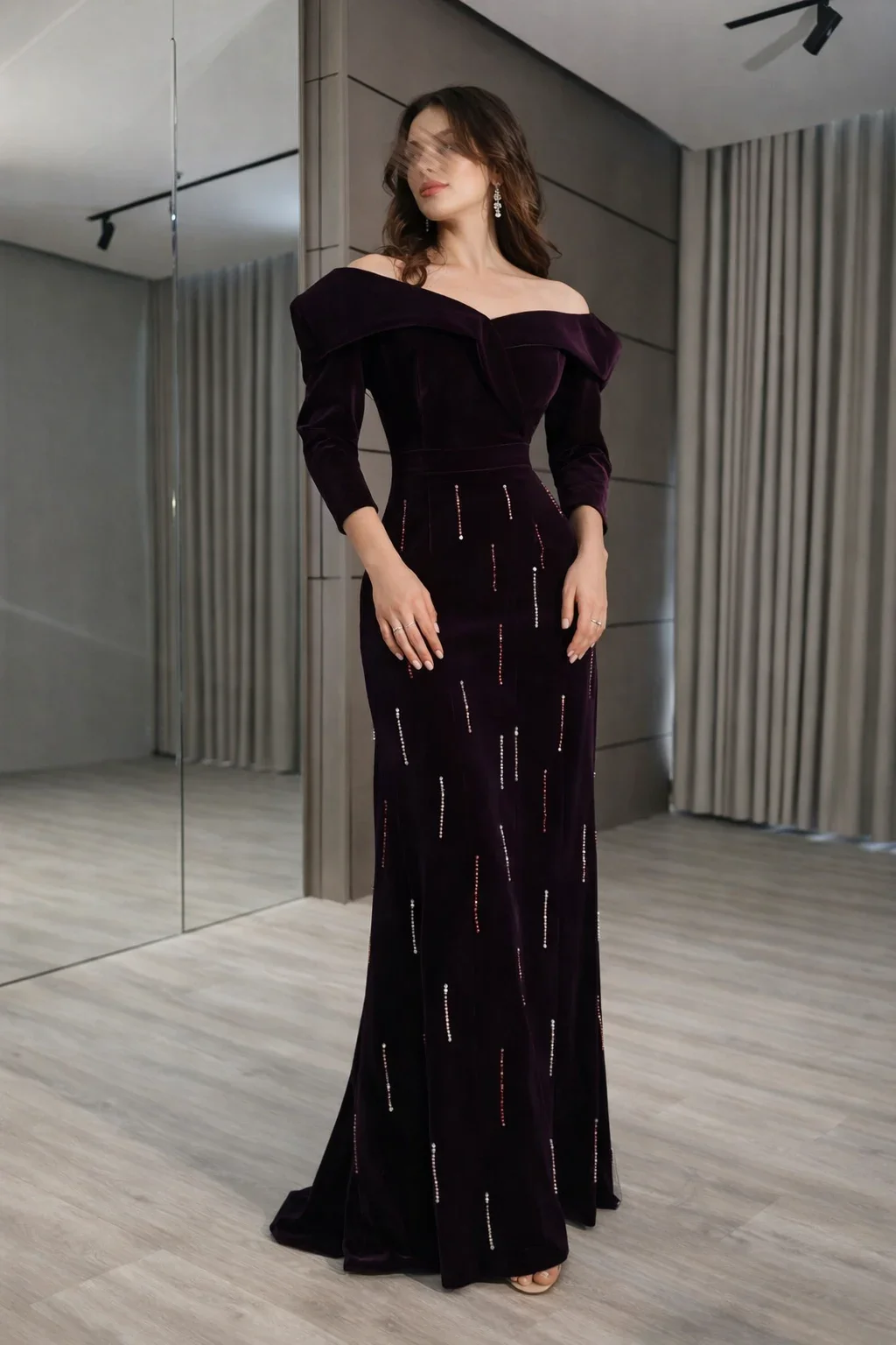 Customize Off Shoulder Velvet Mermaid Evening Dress 3/4 Sleeve Vertical Rhinestone Beading Formal Party Gown