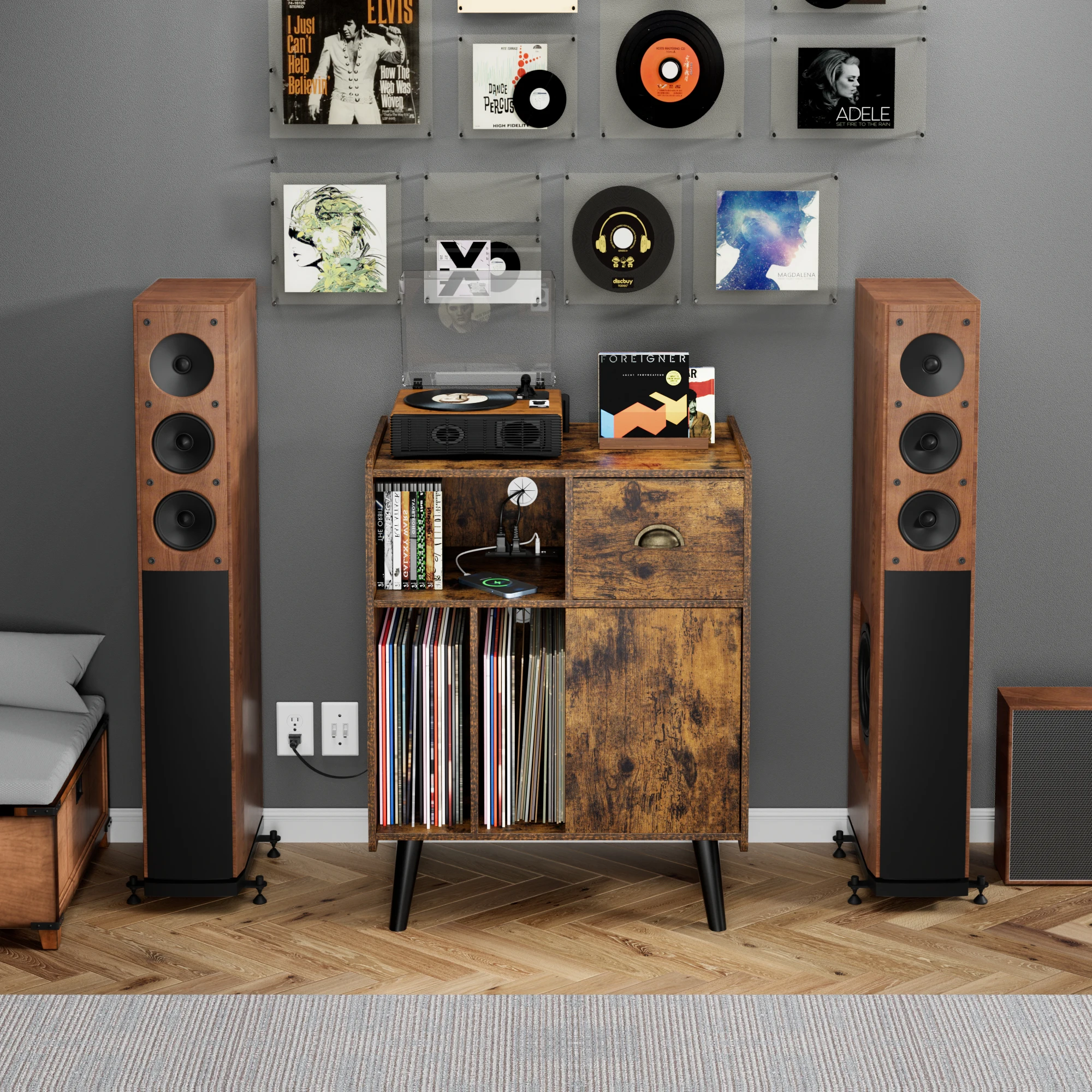 

Hooqu Record Player Stand Turntables Stand Vinyl Record Storage With Power Outlet USB Ports Display Shelf For Living Room Office