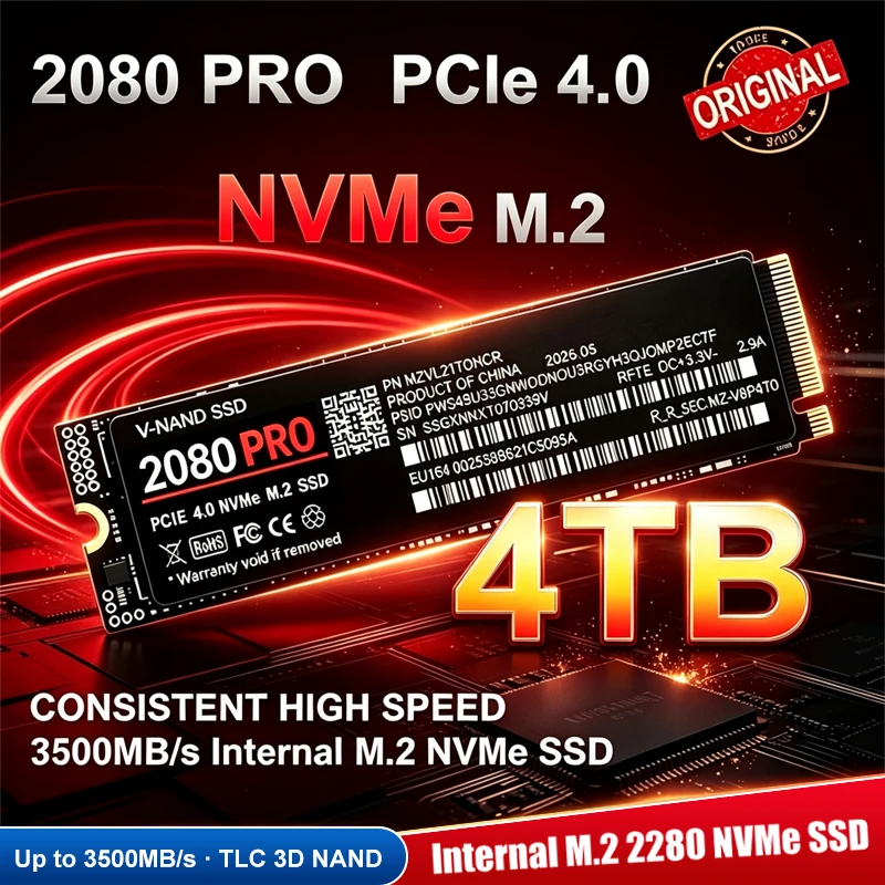 SSD M.2 NVMe de 3500 MB/s, 2080 PRO, PCIe Gen4.0 X4, TLC, 3D NAND, 1 TB, 4 TB, 2280, unidade de estado sólido interna para jogos, compatível com PS5, PC e portátil.