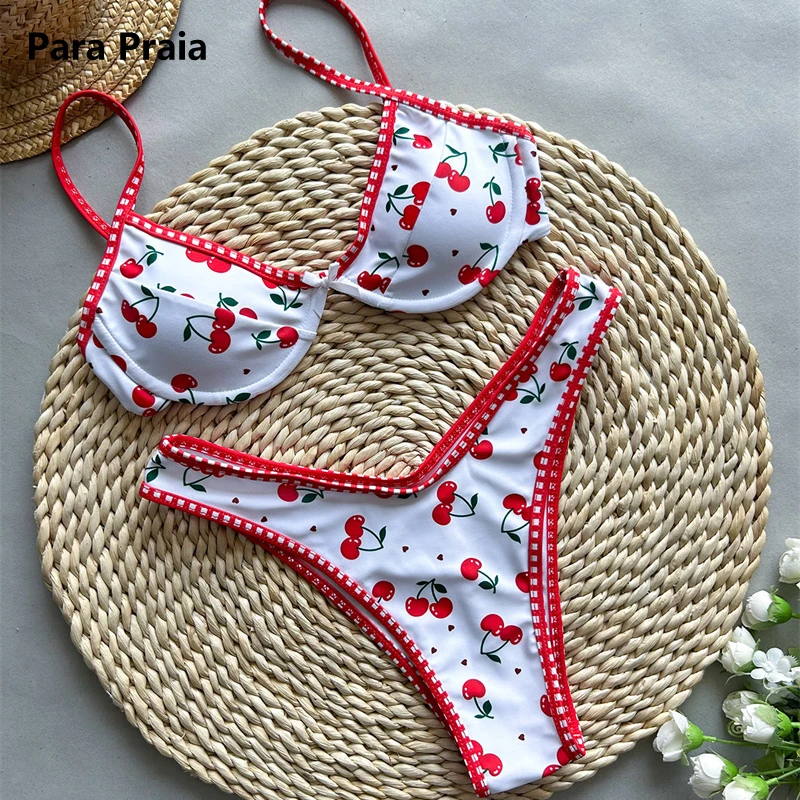 Para Praia Schattige Kersen Bedrukte Beugel Braziliaanse Bikini Vrouwen Badmode Bandage Vrouwelijke Badpak Sexy Badpak