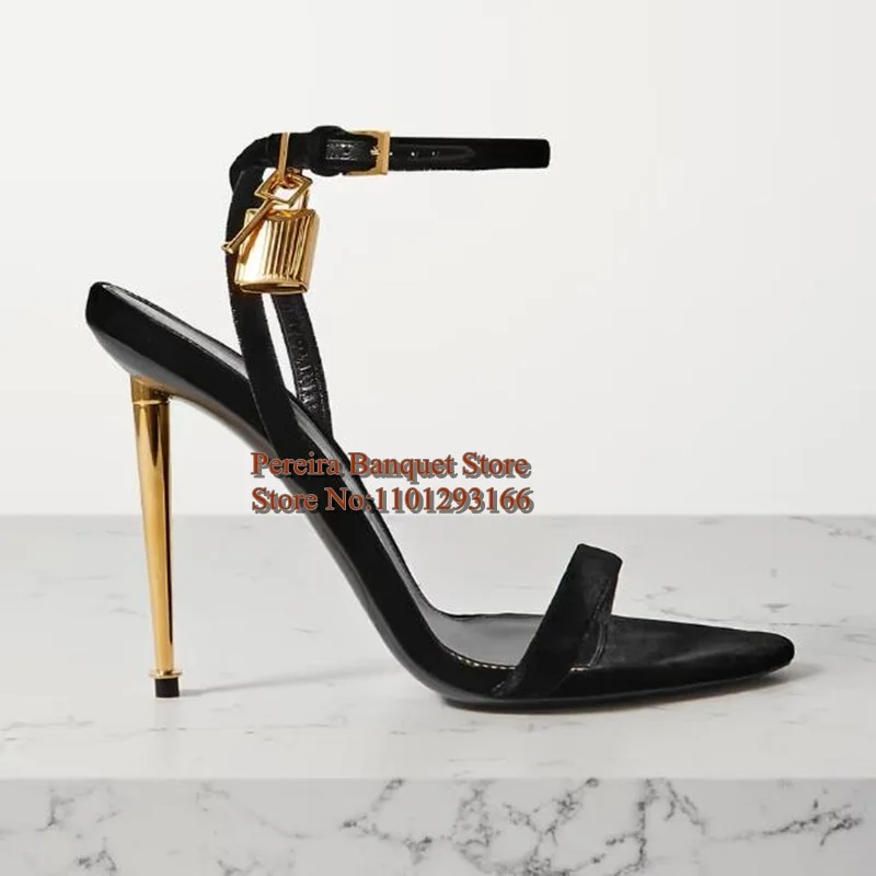 Sexy Padlock Velvet High Heel Sandals Golden Metal Stiletto Heels High Women Celebrating Party Shoes Pink Red Black Footwear