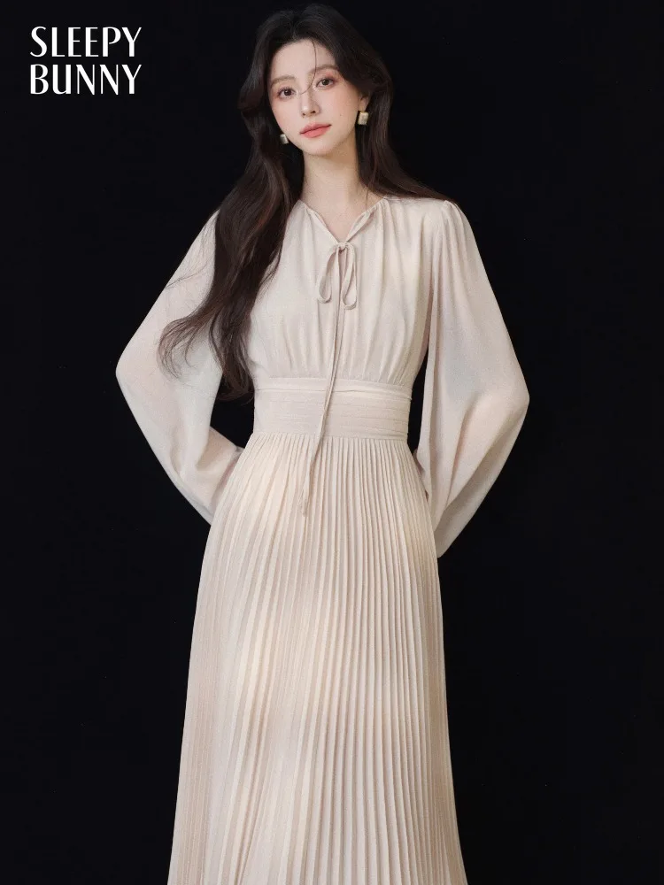 Women Chiffon Long Sleeve Dress Spring Draping V Neck Waist Cinching Long Pink A Line Maxi Dress for Lady Elegant Casual Gown
