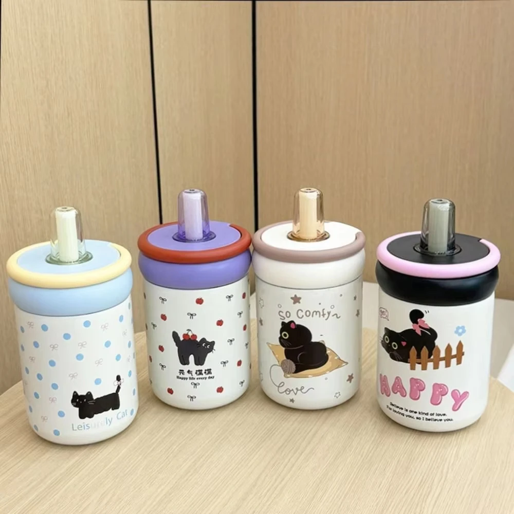Leak-Proof 500ml Insulated Water Cup Cartoon Black Cat Thermos Bottle with Handle Vacuum Flask Straw Drinking Cup For Girl