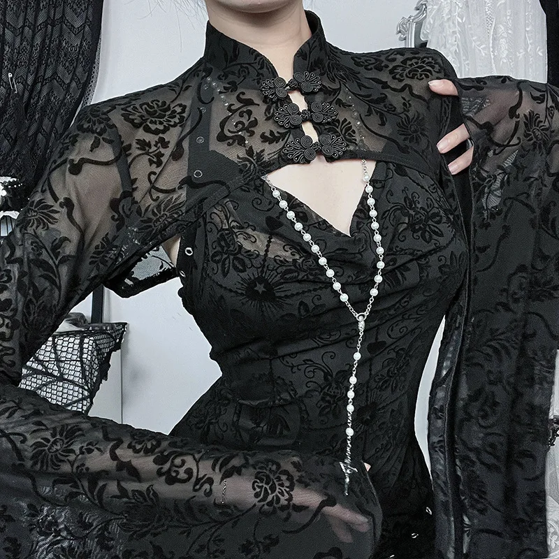 

Dark Style New Chinese Style Plush Cover Shirt Gothic Style New Flared Sleeve Lace Cardigan