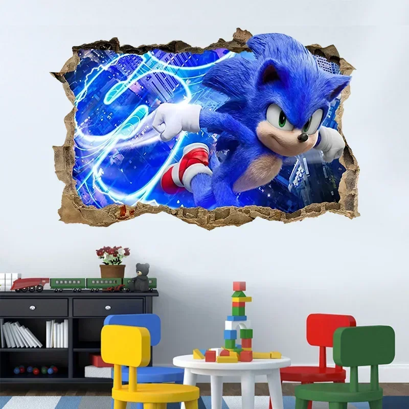 Sonics 60x40cm Wallpaper Cartoon 3D Broken Wall Steedy Wallpapers New Anime Child Room Art Poster Decoration Door Sticker Gift