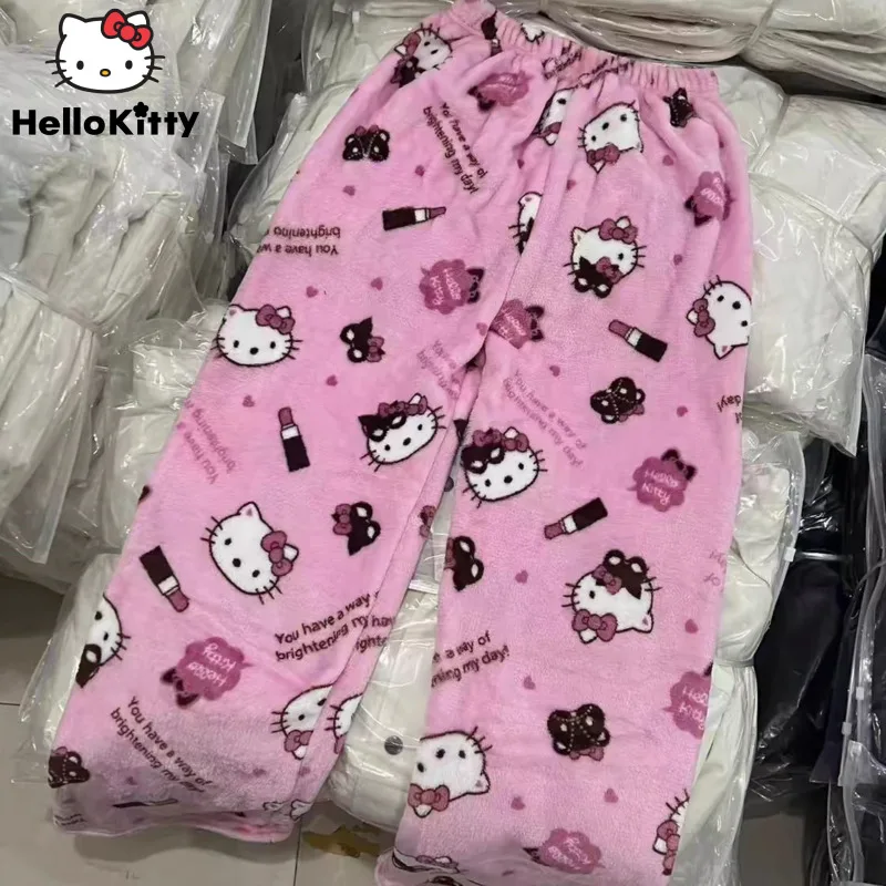 Sanrio Cute Cartoon Kuromi Kitty Plush Flannel Pajama Pants for Women In Autumn and Winter, Plush Insulation, Casual Home Pants