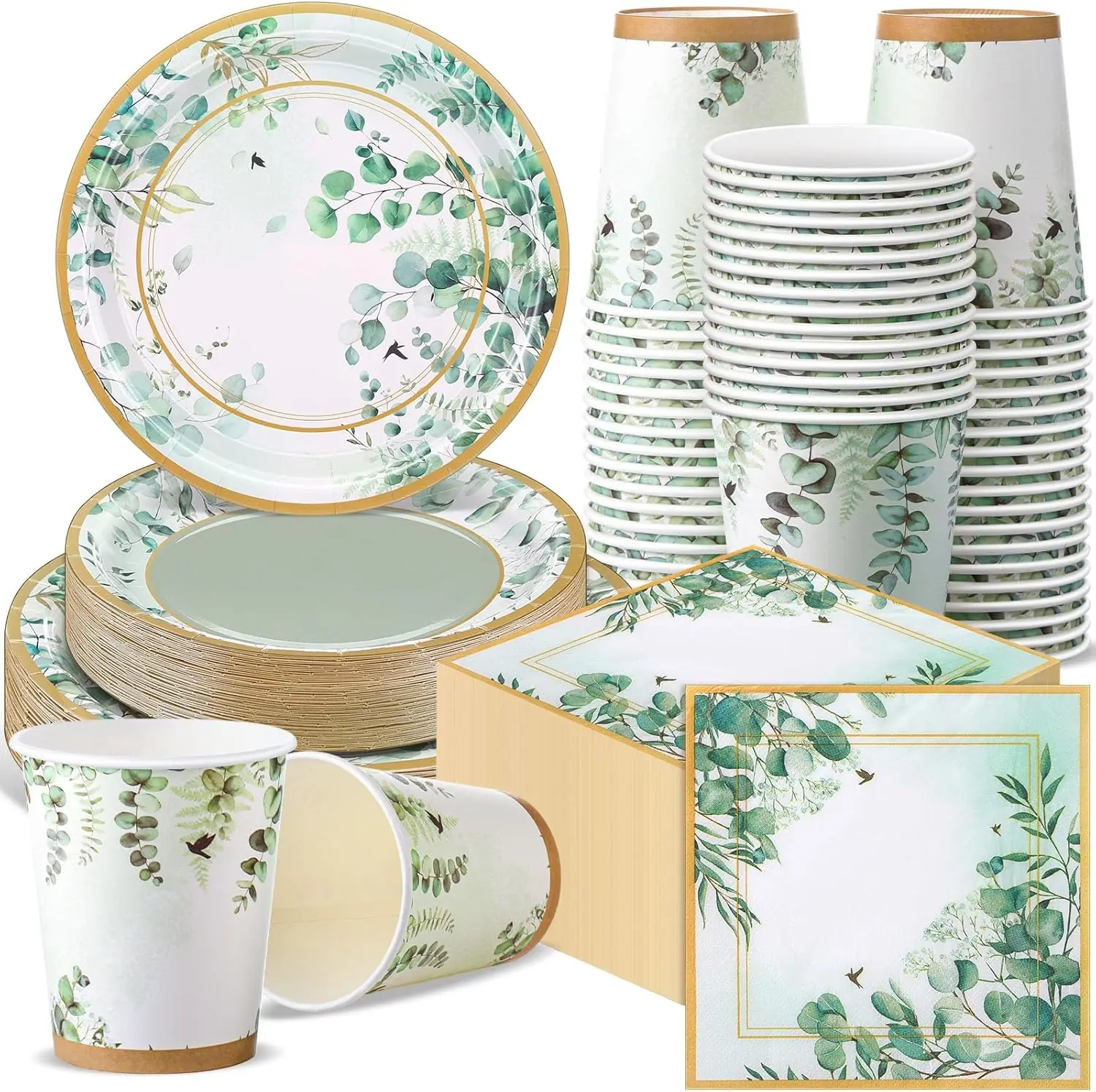 

250 Pcs Sage Party Disposable Tableware Set Paper Plates and Napkins Cups Supplies Tea Party Theme Dinner Dinnerware for