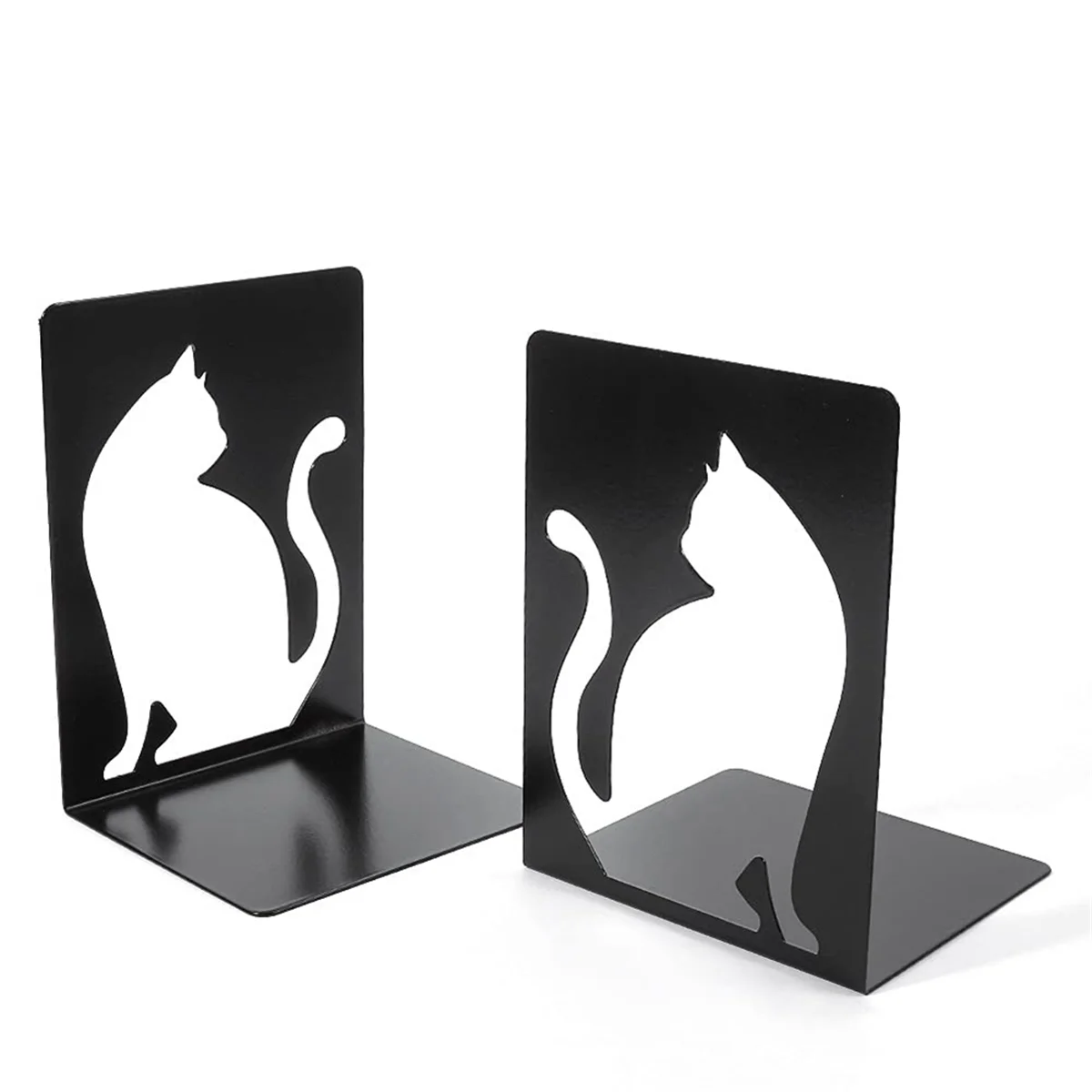 Bookends,Book Ends, Book Ends for Shelves, Heavy Duty Metal Black Bookend Support for Shelves Offices - White Cat