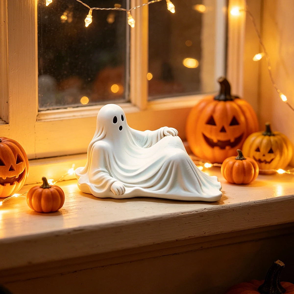 Halloween Reclining Ghost Resin Statue, Creative Spooky Desktop Ornament, Indoor Outdoor Home Garden Yard Decoration