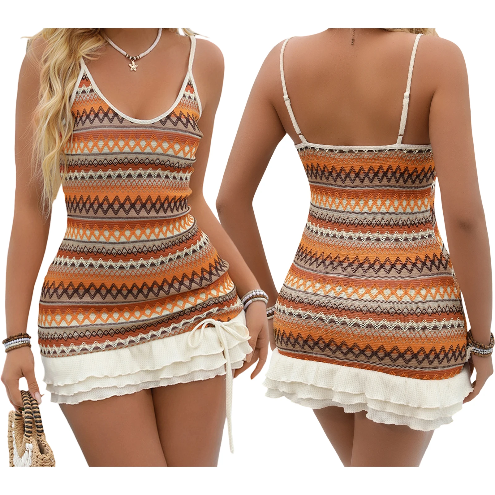 เดรสสายเดี่ยวถักลายทางสำหรับผู้หญิง ทรงเข้ารูป คอวี แขนกุด ความยาวมินิ