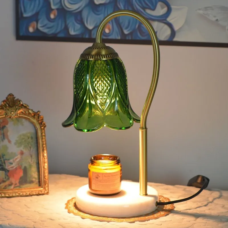 Lampada da scrivania in cera fusa per aromaterapia americana interamente in rame, paralume verde, giada, studio, camera da letto, comodino, luce ambientale