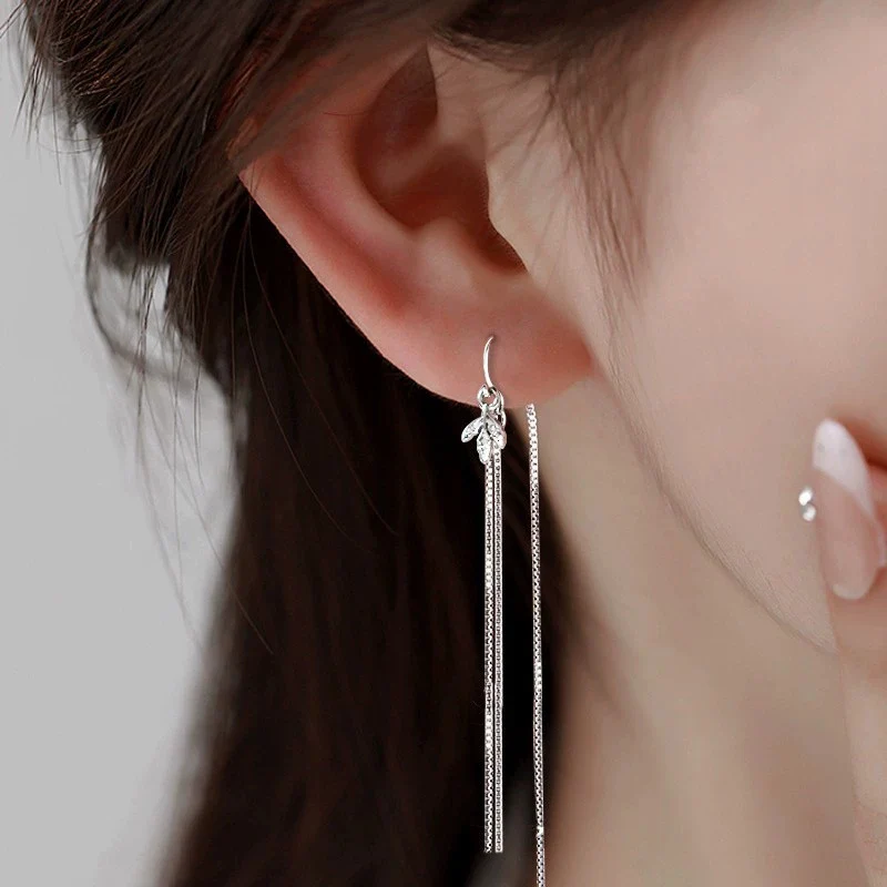 925 Silver Long Tassel Leaf Earrings For Female Temperament Snake Bone Chain Earrings Sparkling Zircon Leaves Earring KOFSAC