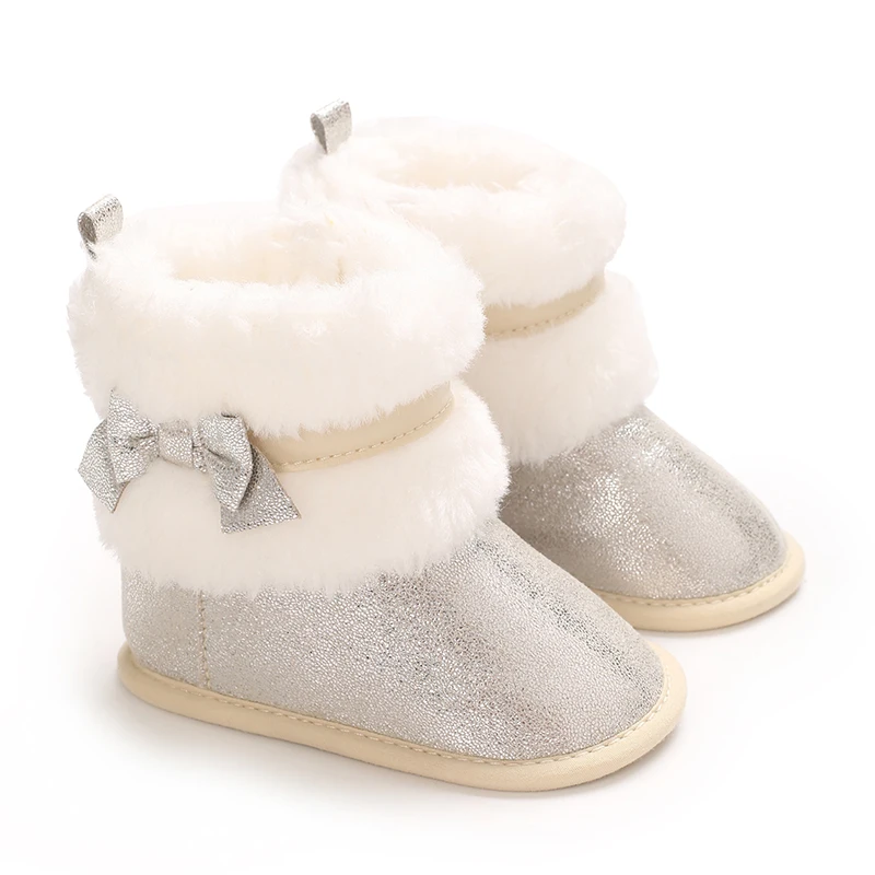 Zapatos de invierno para niña recién nacida, zapatos planos cálidos y brillantes con bonitos lazos, zapatos informales para caminar para niños pequeños