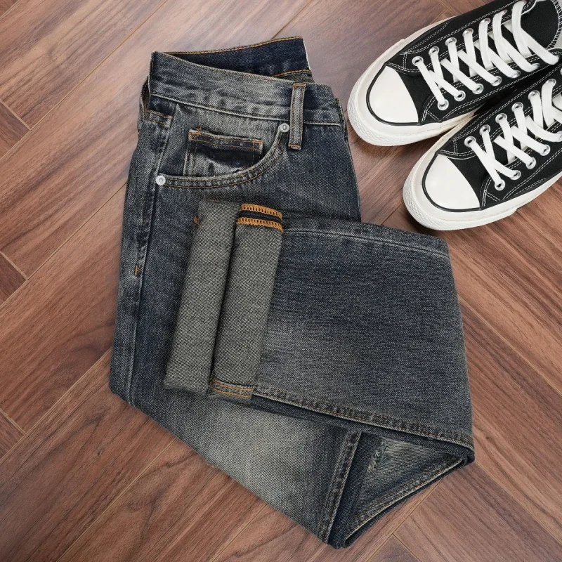 

New autumn men's ripped jeans, heavy wash vintage blue, high-end trendy fashion popular men's pants