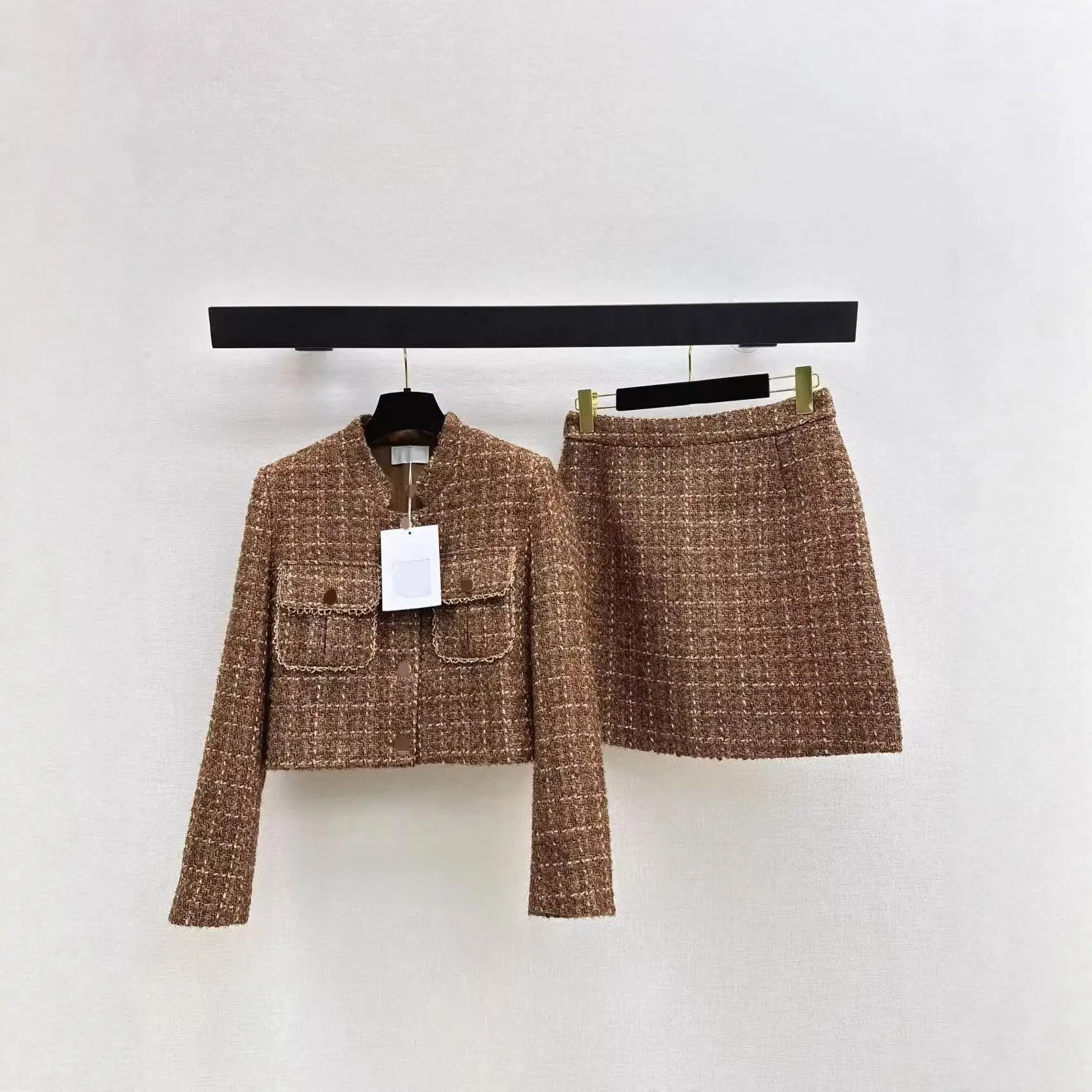 

Женская вязаная твидовая куртка в клетку с карманами, воротником-стойкой, новинка ранней весны, повседневные брюки из ПВХ для женщин среднего возраста