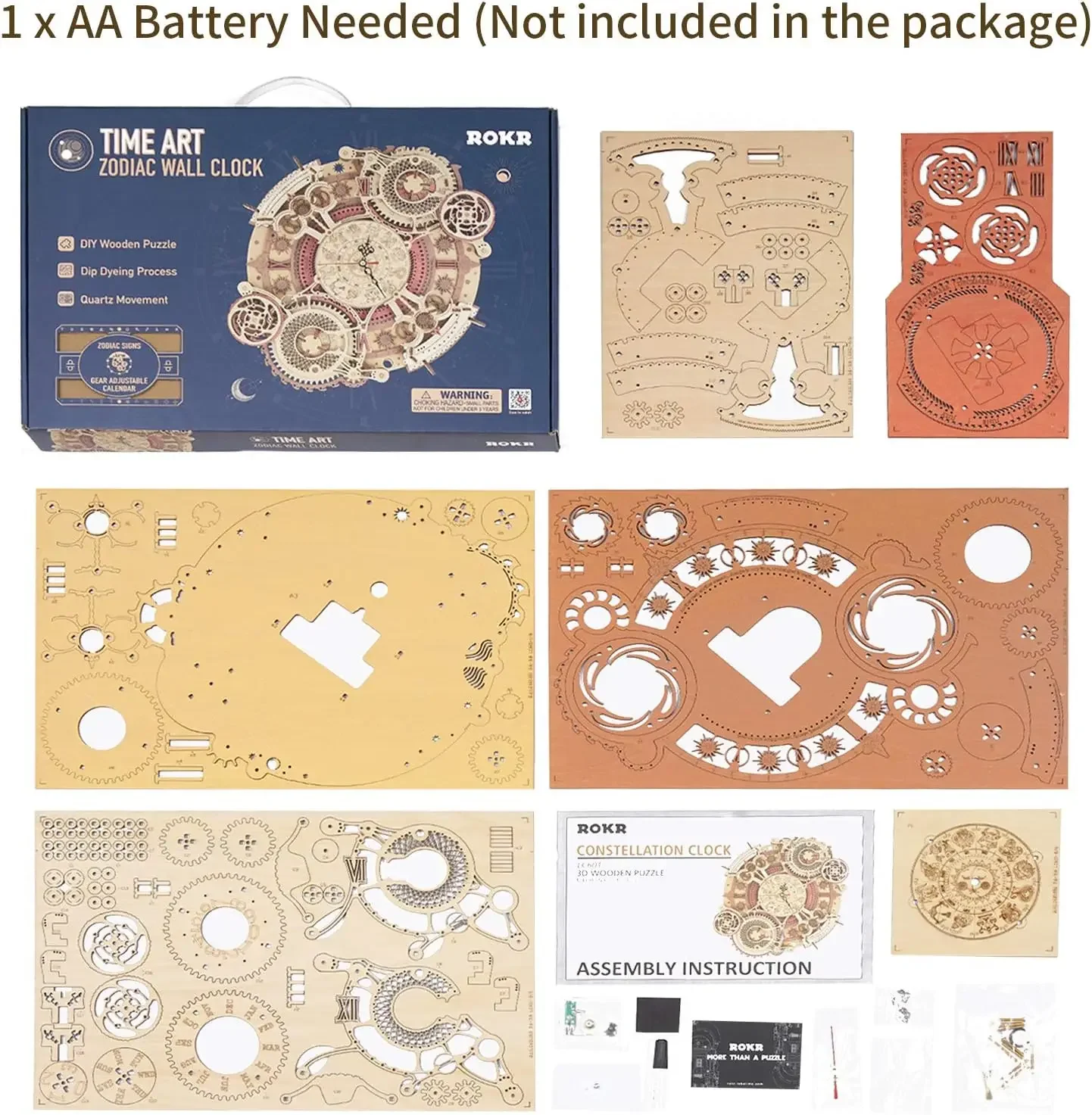 Kit jam mekanis teka-teki kayu 3D-Jam zodiak, kit bangunan Model jam DIY, puzzle mainan otak, dekorasi meja kerajinan DIY