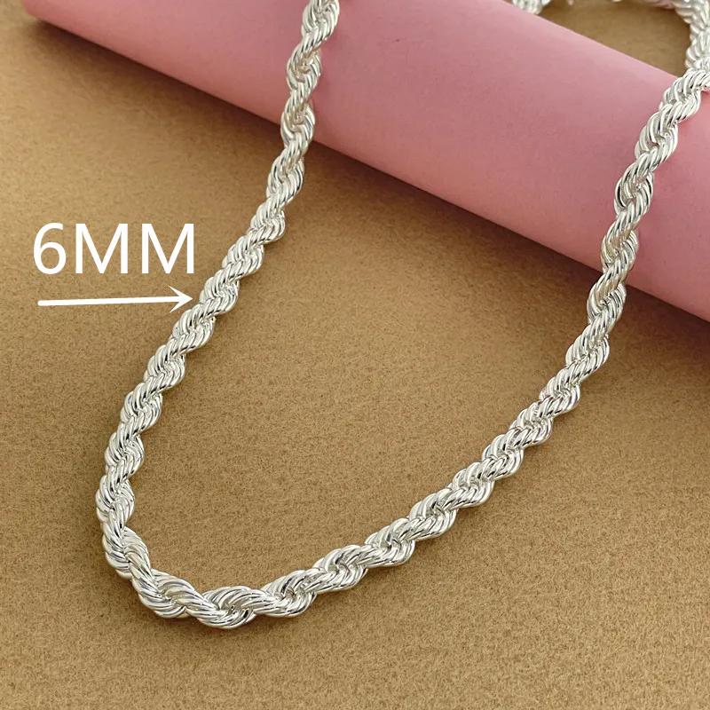 925 Sterling Silber 5/6/8MM 16-30 Zoll Seilketten-Halskette für Männer und Frauen, modischer Punk-Schmuck für Hochzeiten und Partys.