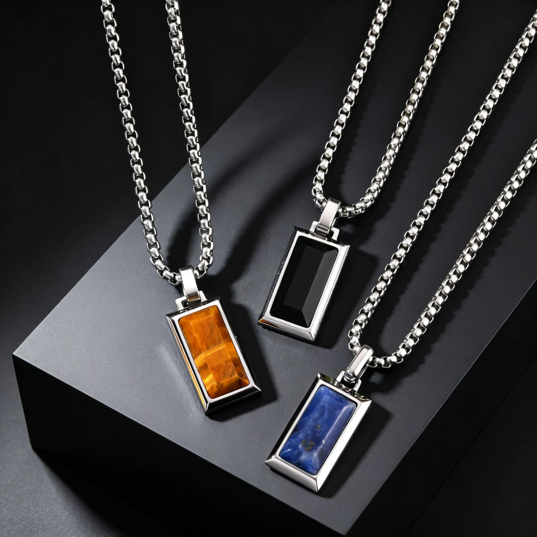 High Quality Square Natural Stone Necklace, Black Agate Tiger Eye Stone Pendant, Men's Fashion Casual Jewelry Gift