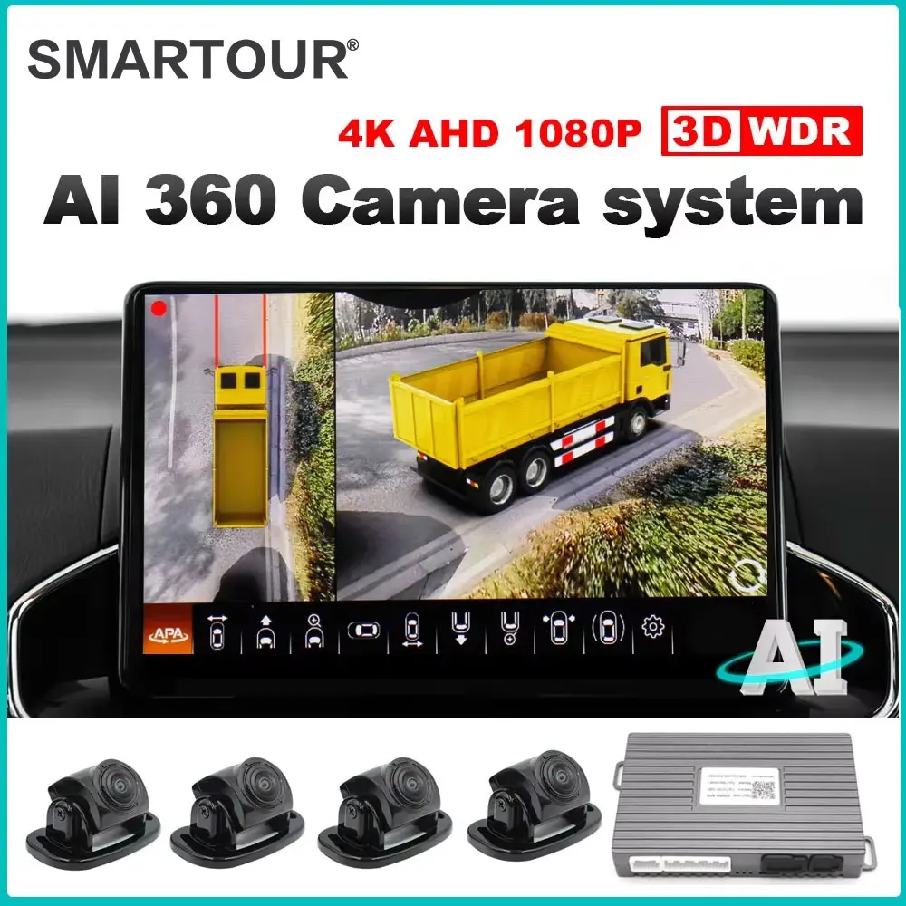Smartour AI AHD 1080P Inteligentne rozpoznawanie 3D 360-stopniowy system jazdy z widokiem przestrzennym Ptasie oko Panoramiczny 4-kanałowy rejestrator DVR do ciężarówki Mudhead