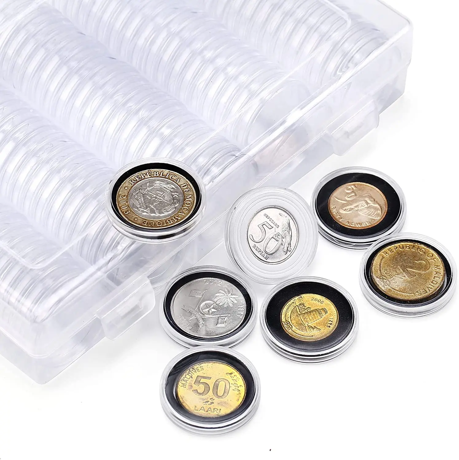 100PCS Coin Capsules 30mm Case with Black Foam Gaskets 17mm/20mm/25mm/27mm/30mm Coin Collection Holder Organizer Box