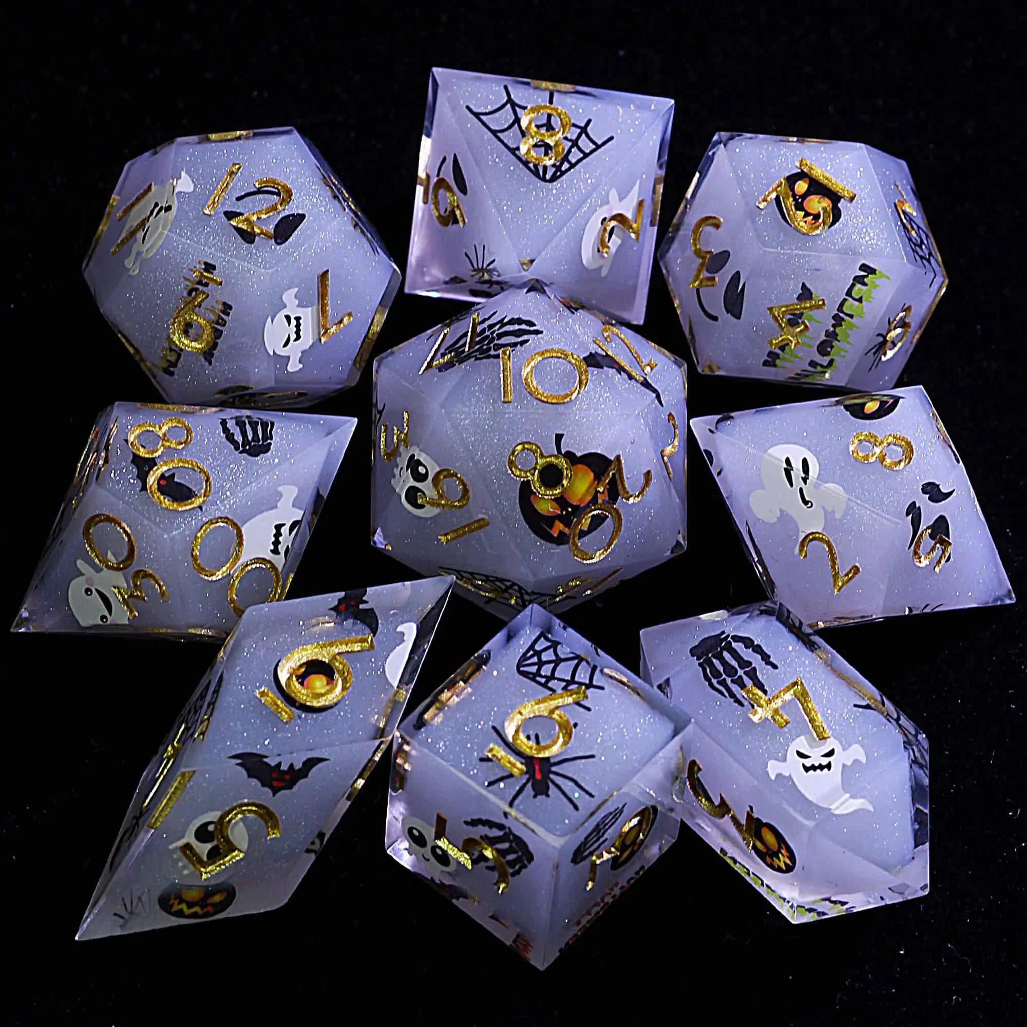 

Halloween 9 Polyhedral Resin D and D Sets of Dice Gray Ghost Pumpkin Trick or Treat