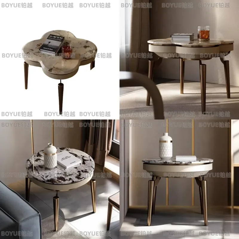 Natural Marble Four Leaf Clover Side Table Yellow Bronze Luxury Stone Coffee Table for Living Room Sofa End Modern Home Decor