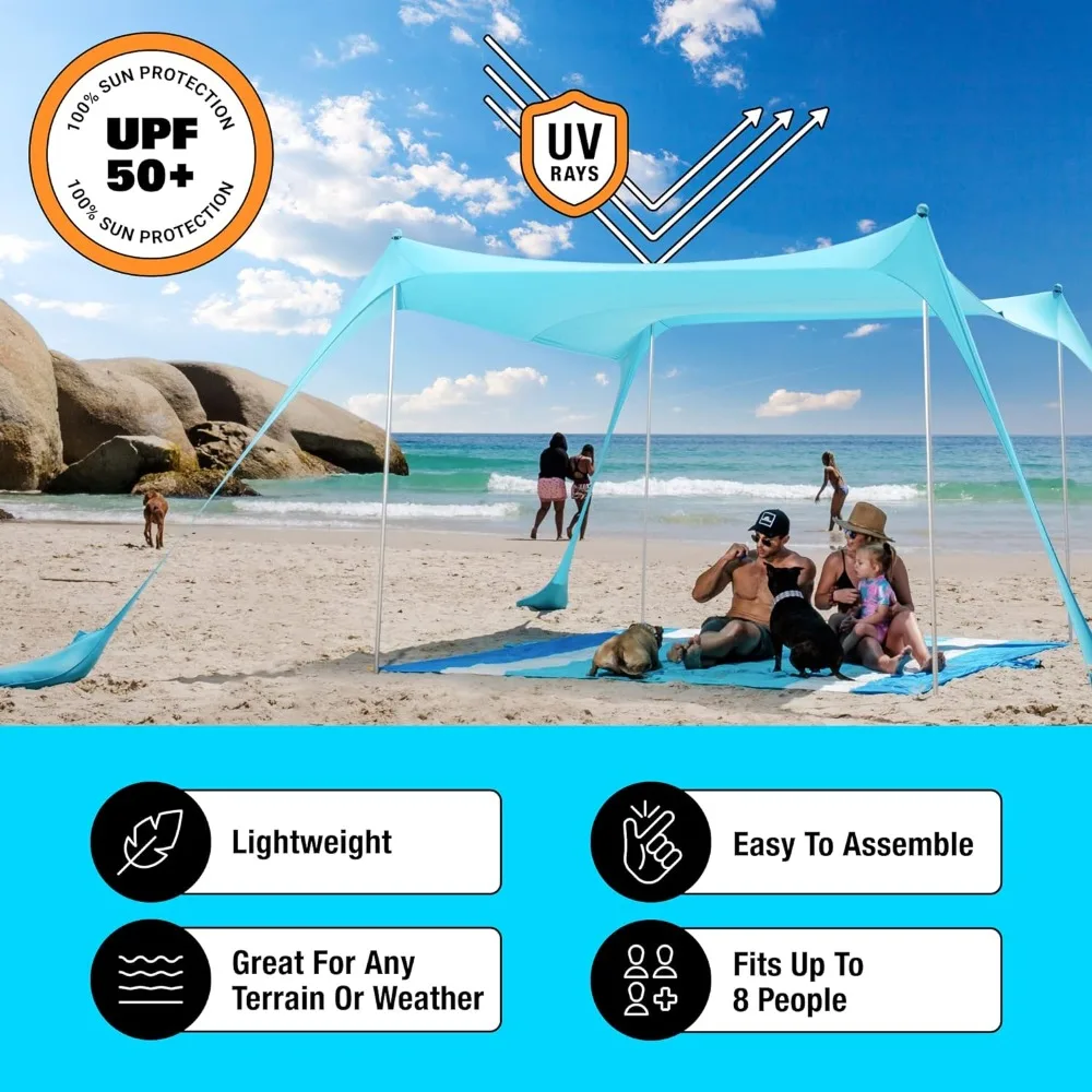 Pop Up Beach Tent Sun Shelter UPF50+ with Sand Shovel, Ground Pegs and Stability Poles, Outdoor Shade