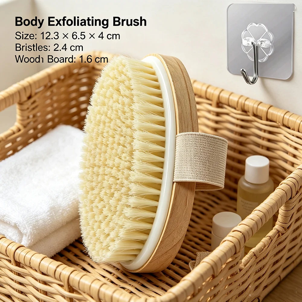 Wooden Bath Brush Set 1/2/3PCS Nylon Body Scrubber with Elastic Strap, Wet Dry Exfoliating Back Scrubber with Hook and Pouch