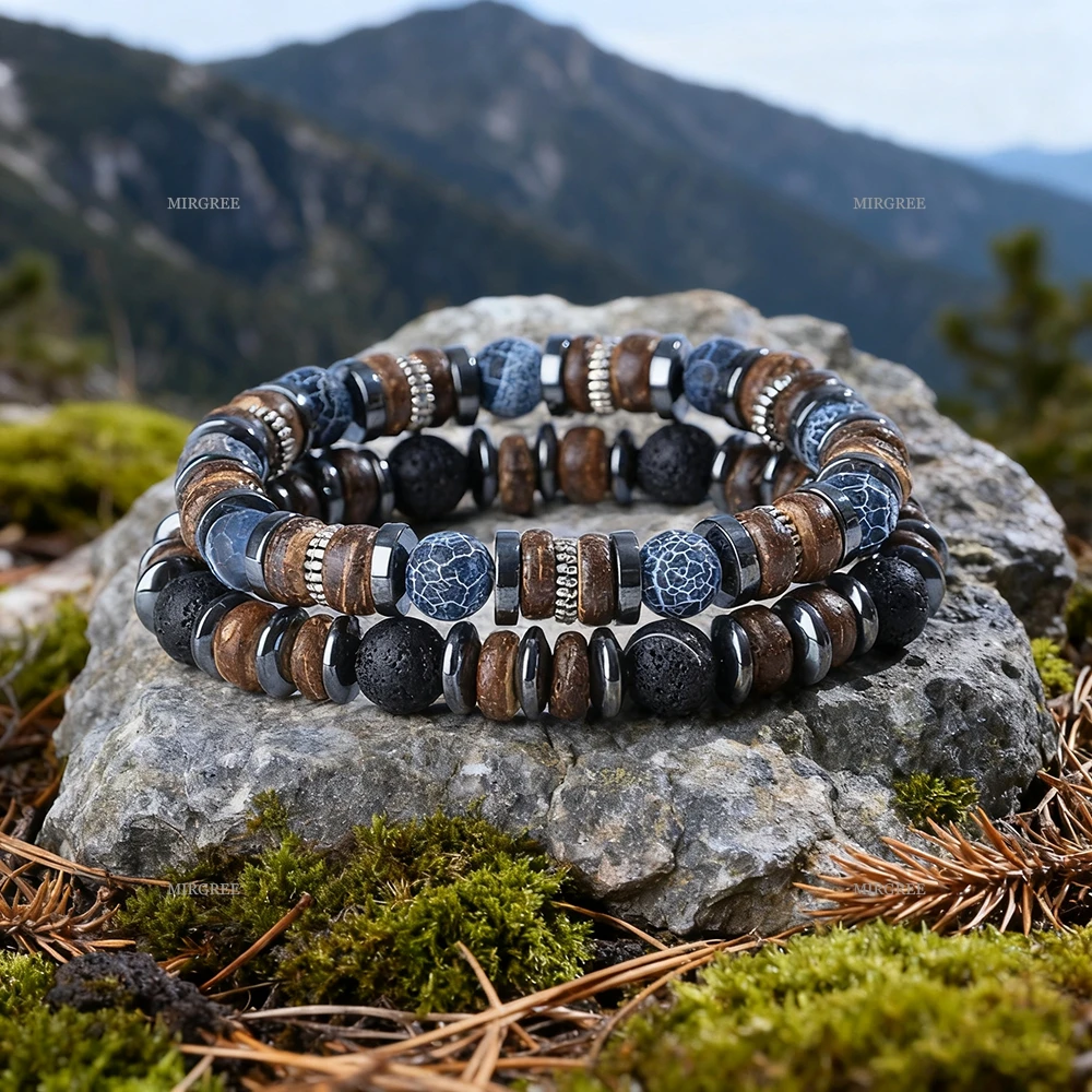 2-teiliges Herren-Armband-Set aus Natursteinperlen, handgefertigter Herrenschmuck im Retro-Outdoor-Stil, Geschenk für Männer – Detail 5