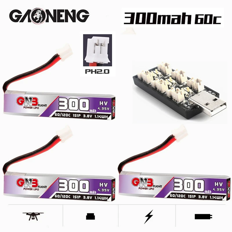 

GNB 1S 300mAh 3.8V 60C HV Lipo Battery PH2.0 With Charger for US65 UK65 Inductrix Beta65S URUAV UR65 Mobula 7 Tiny Whoop Drone