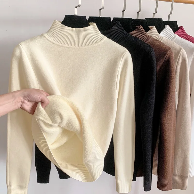 

2023 new Women Winter Thicken Plus Velvet Turtleneck Sweaters Warm Knitted Pullover Tops Casual Fleece Lined Knitwear Jumper