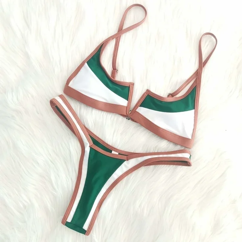 S-XL V-bar Sexy Bikini Thong Brazilian Swimwear Women Colorblock Vintage Swimsuit Summer Micro Blue Green Bathing Suit Biquini