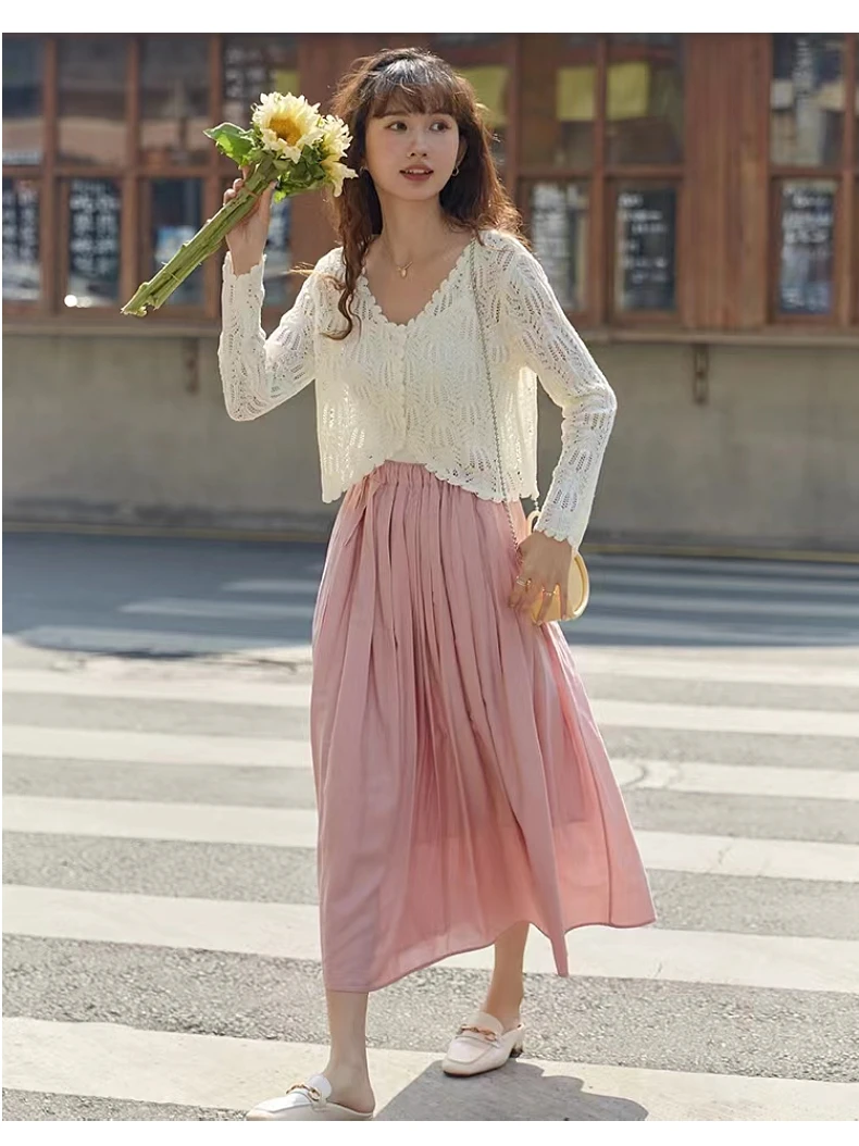 Summer hollow lace knitted cardigan with camisole dress, paired with sun protection cover, shawl jacket for women