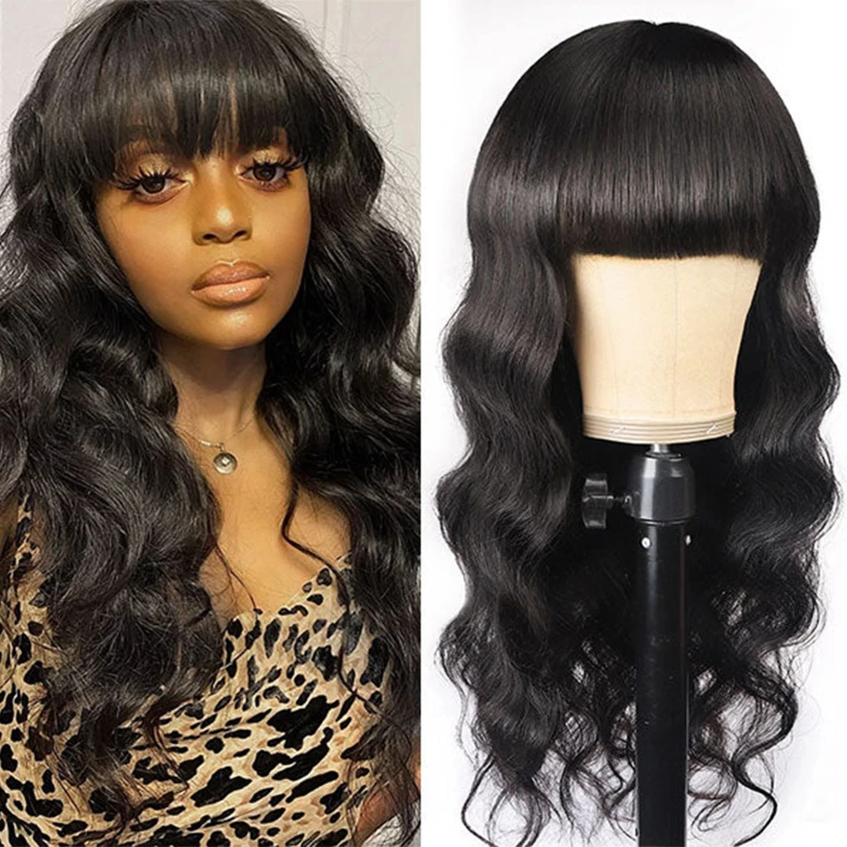 Natural Color 100% Brazilian Body Wave Human Hair Wigs 180% Density Machine Made Wigs Human Hair Wigs with Bangs for Women