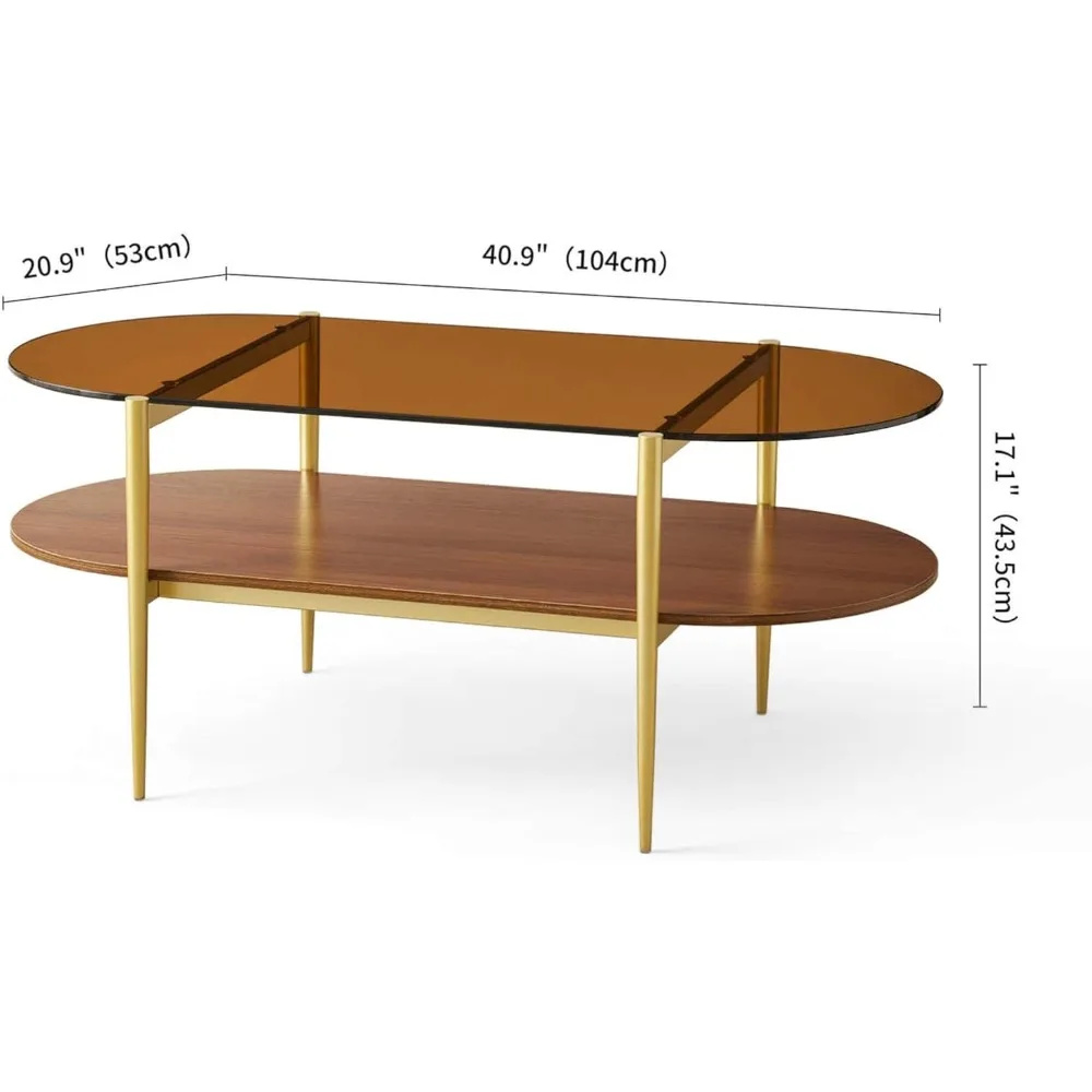 Mid-Century Oval Glass Coffee Table with Amber Top, 2-Tier Living Room Furniture, 41L x 21W x 17H