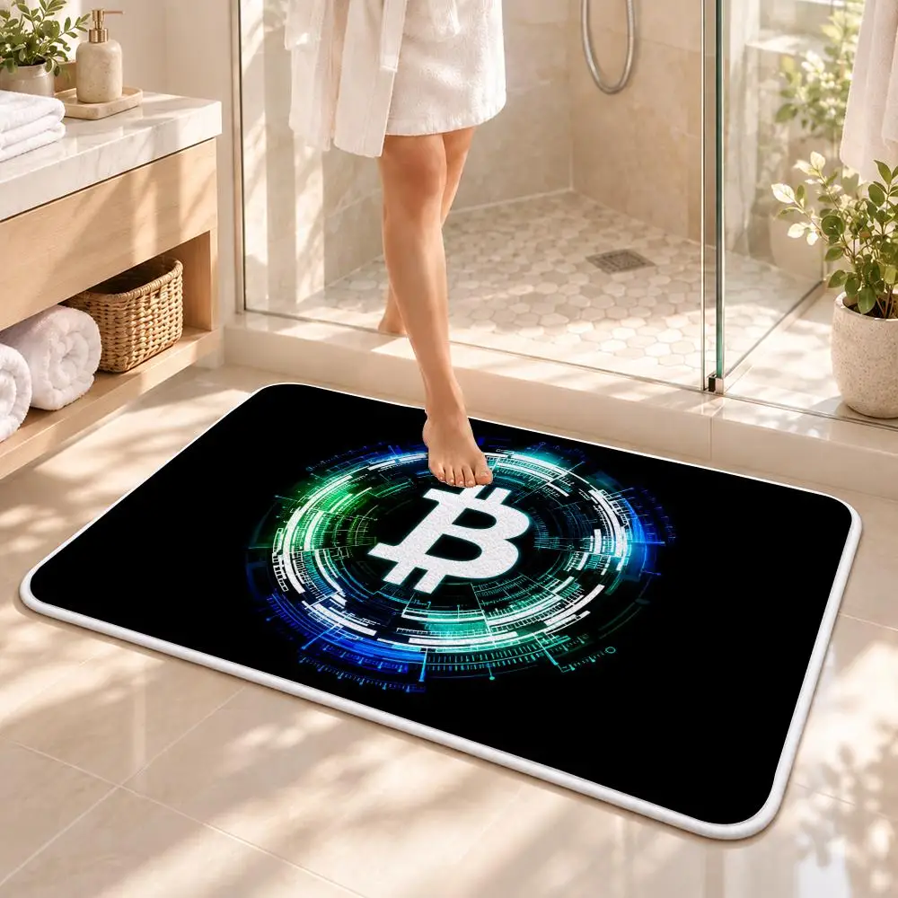 Bitcoin Design Floor Mat Flannel Rug Soft Non Slip Washable Door Mat for Bedroom Living Room Home Decor