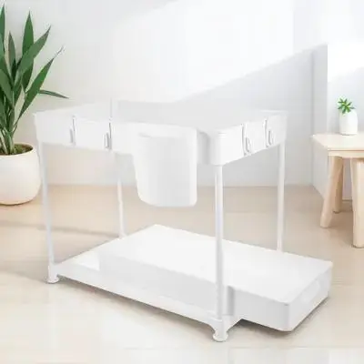 Double Layer Kitchen Cabinet Organizer Retractable Under Counter Shelf for Spice Bottles and Kitchen Supplies Telescoping Sink