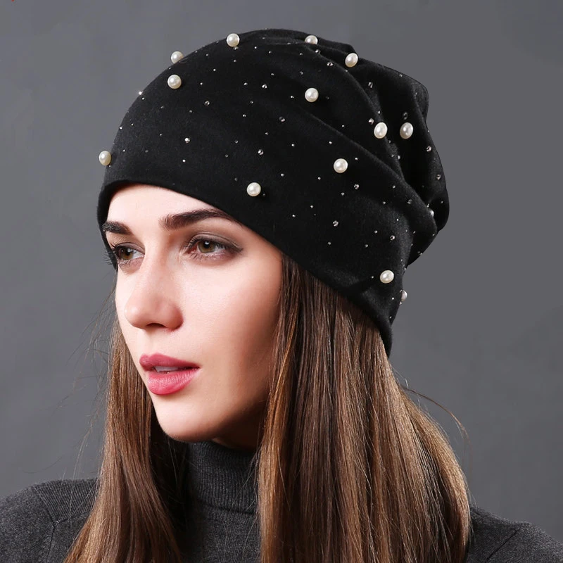 Autumn Winter Warm Baggy Slouchy Beanie Hat For Lady Female Rhinestone Pearl Soft Fordable Skullcaps Casual Turban Bonnet Hat