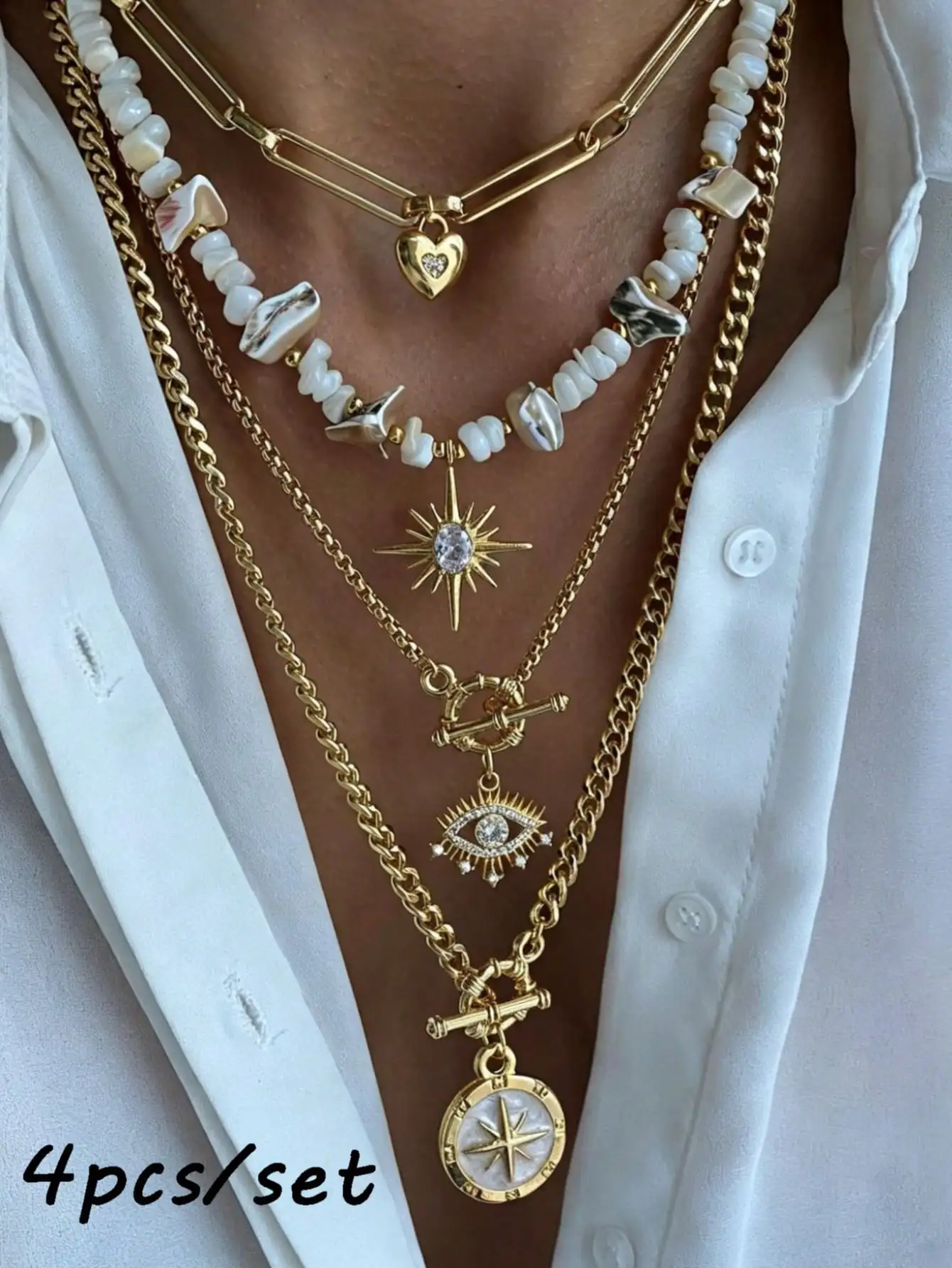 4pcs Exquisite Heart Evil Eye Octagram Compass Ocean Style Metal Material Multi-Color Women's Necklaces Suitable For Party, Ball, Gathering