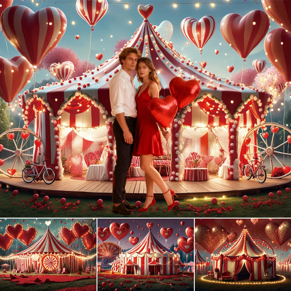 

MOON.QG Photography Background Heart Balloons Tents Circus Valentine's Day Backdrop Photography Accessories Bridal Photocall