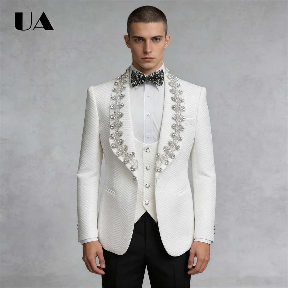 Luxury Crystals Wedding Suit for Groom & Bestman, 3-Piece Formal Suit Attire for Evening Prom, (Jacket Vest Pants) XS-3XL Tuxedo