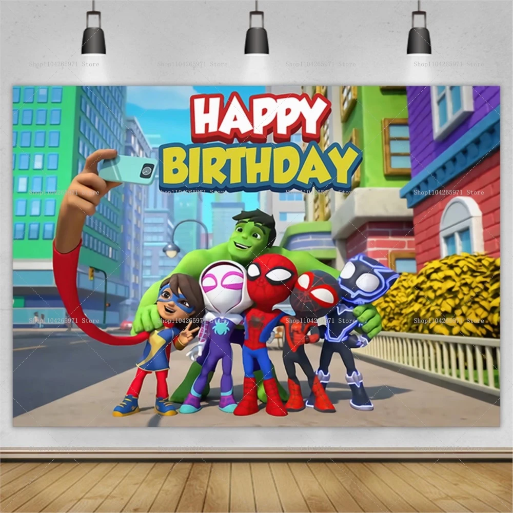 Cute Spidey and His Amazing Friends Themed Backdrop Happy Birthday Superhero Kids Photo Background Banner Baby Shower Decor Prop