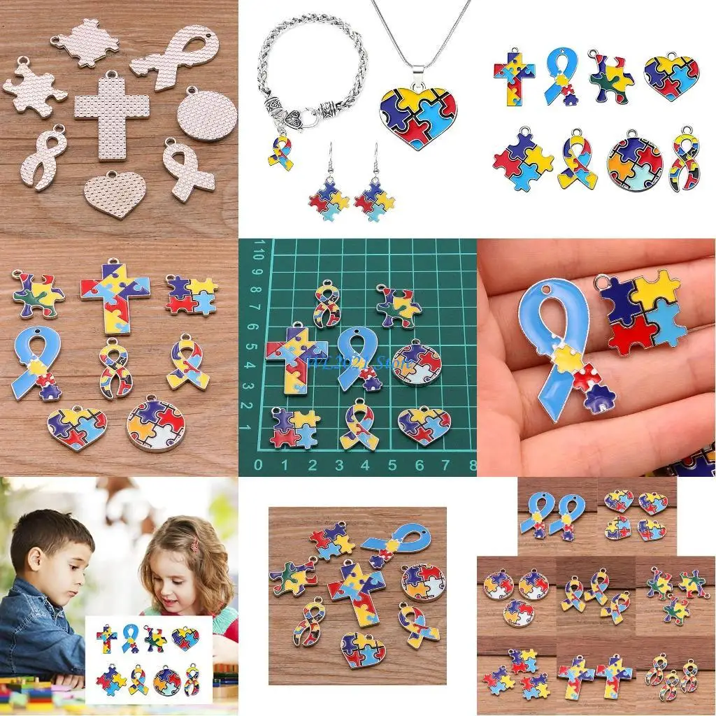 G5GC 8 قطع قلادة للتوعية بالتوحد الشريط شكل قلب مربع مطلية بالذهب قلادة مع المعلقات المينا شكل اللغز #1