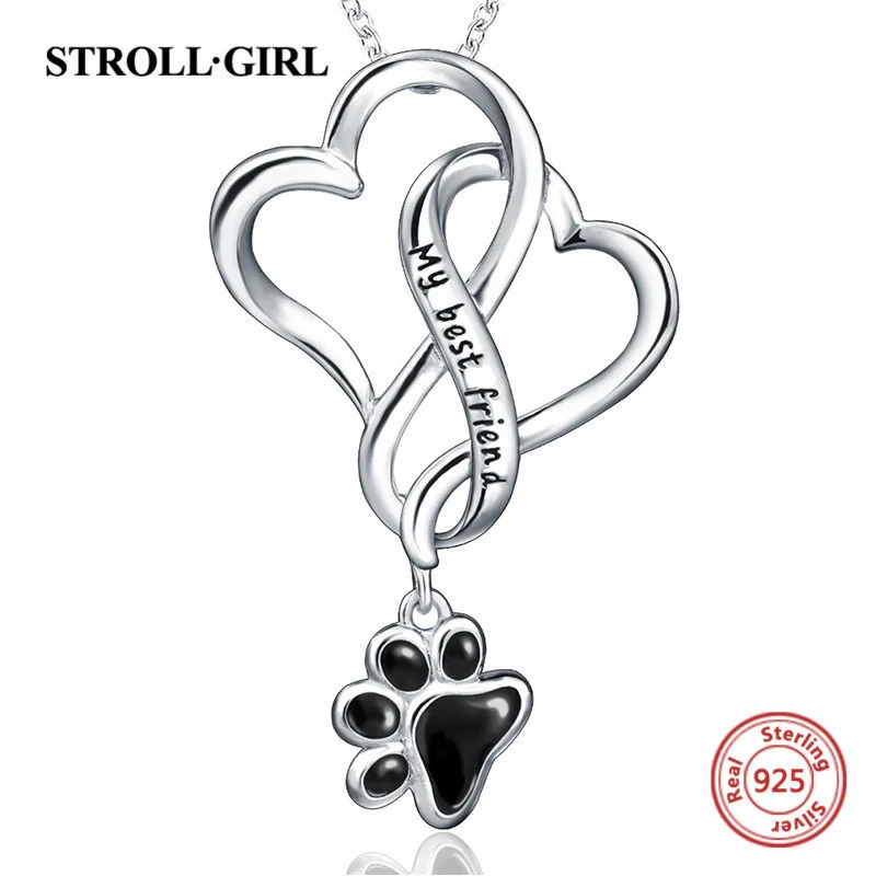 Strollgirl 925 Sterling Silver My Best Friend Dog Footprint Necklaces & Pendants with Black Enamel Women Silver Jewelry Gift