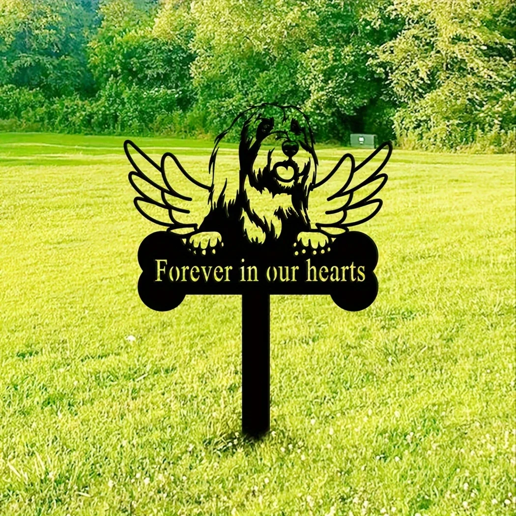 1pc Metal Stake Sympathy Sign Bearded Collie Dog Memorial Stake Pet Grave Marker Remembrance Stake for Garden Party Décor