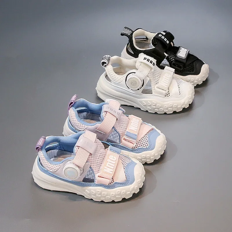 Boys Girls Beach Shoes for Summer Kids Casual Shoes Rotating Button 2025 New Children Sandals Mesh Breathable Trendy Hollowed